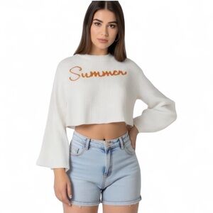 Moon & Madison White Cotton Relaxed Cropped LS Sweater 'Summer'  XLarge misses